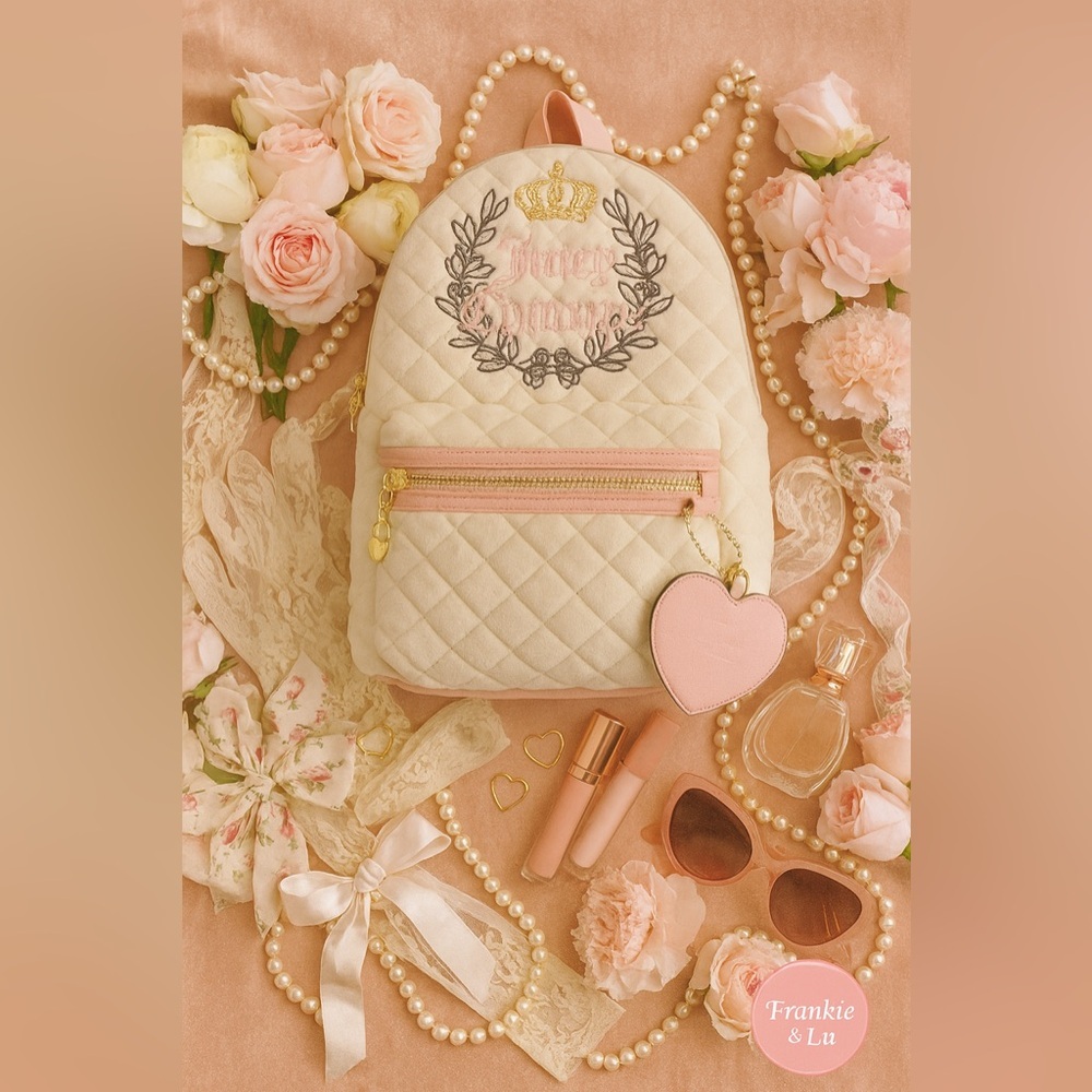 Juicy Couture Royal Moment Quilted Velour Medium Backpack w Pink Heart Charm NWT